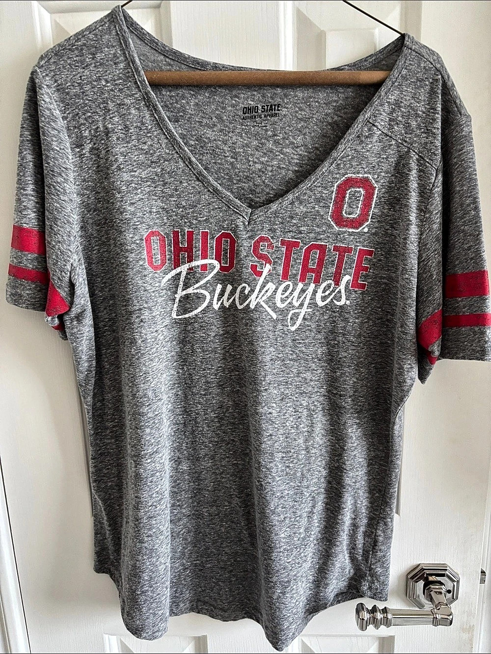 Ohio State Authentic Apparel Ohio State Buckeyes V-Neck Tee in Gray & Red